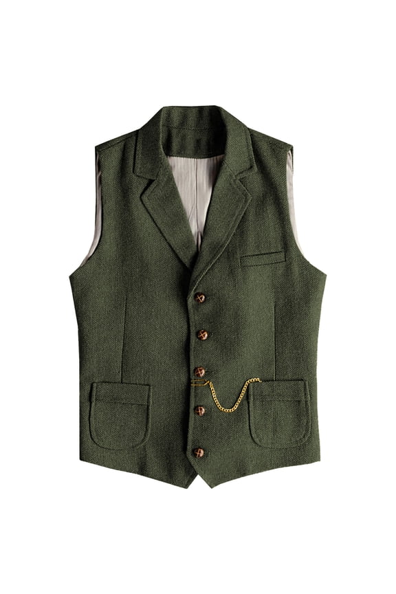 Mens Casual Vests Herringbone Tweed Waistcoat Vintage V-Neck Retro Wedding Travel Workwear Vest With Pockets