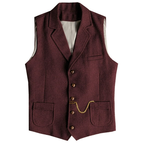 Mens Casual Vests Herringbone Tweed Waistcoat Vintage V-Neck Retro Wedding Travel Workwear Vest With Pockets