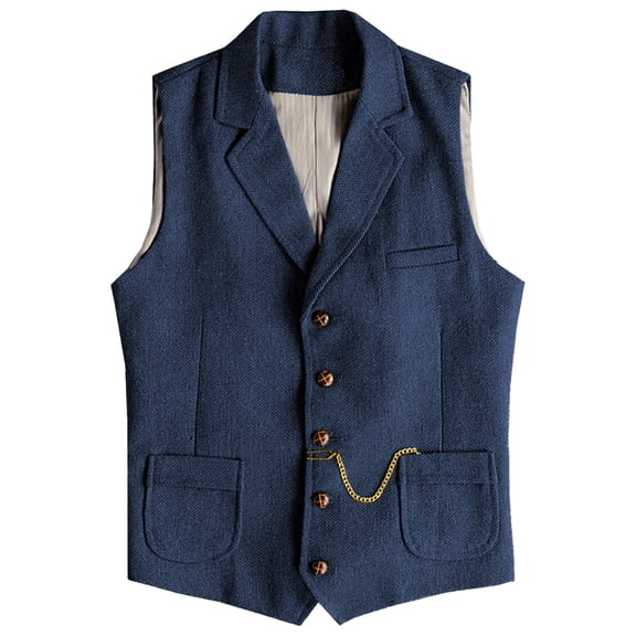 Mens Casual Vests Herringbone Tweed Waistcoat Vintage V-Neck Retro Wedding Travel Workwear Vest With Pockets