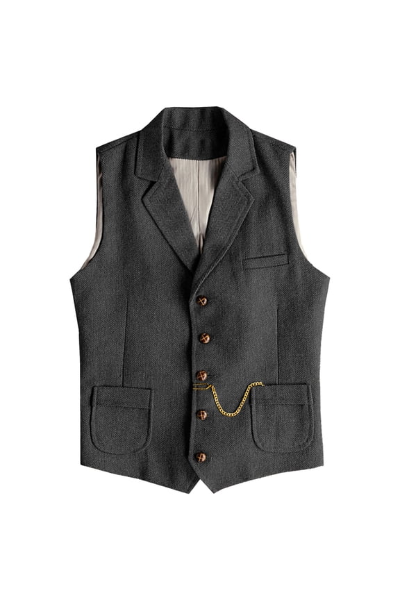 Mens Casual Vests Herringbone Tweed Waistcoat Vintage V-Neck Retro Wedding Travel Workwear Vest With Pockets