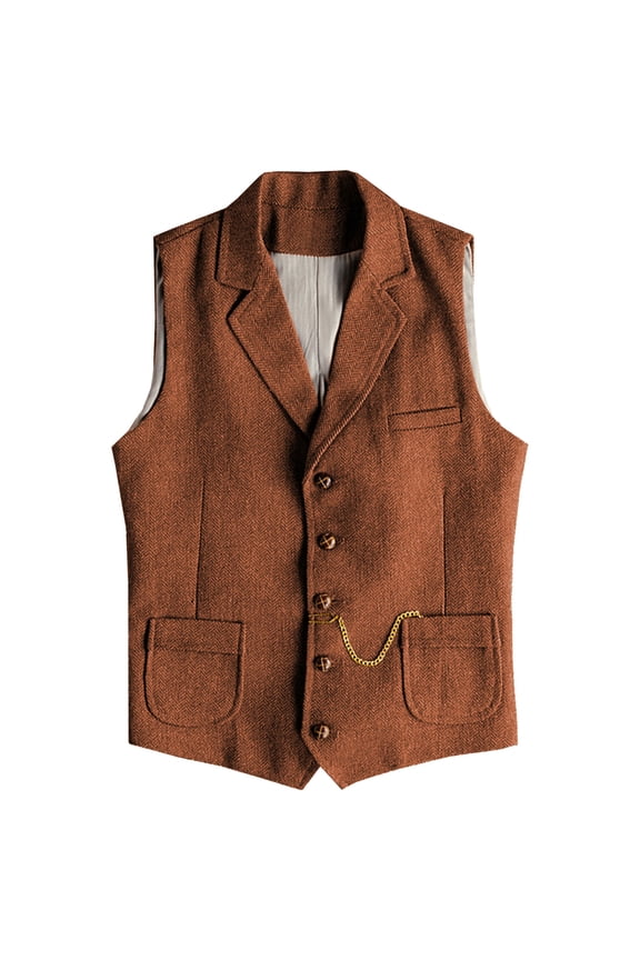 Mens Casual Vests Herringbone Tweed Waistcoat Vintage V-Neck Retro Wedding Travel Workwear Vest With Pockets