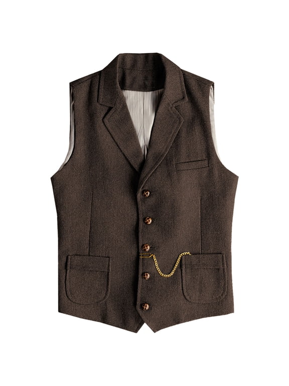 Mens Casual Vests Herringbone Tweed Waistcoat Vintage V-Neck Retro Wedding Travel Workwear Vest With Pockets