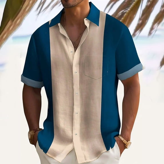 Mens Casual Vintage Bowling Striped Short Sleeve Lapel Button Down Shirts Blouse