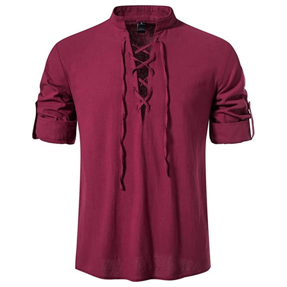 Mens Casual Vintage Long Sleeve Front Lace Up V-Neck Shirt Beach Tops Blouse