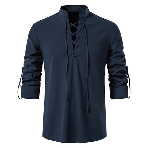 Mens Casual Vintage Long Sleeve Front Lace Up V-Neck Shirt Beach Tops Blouse