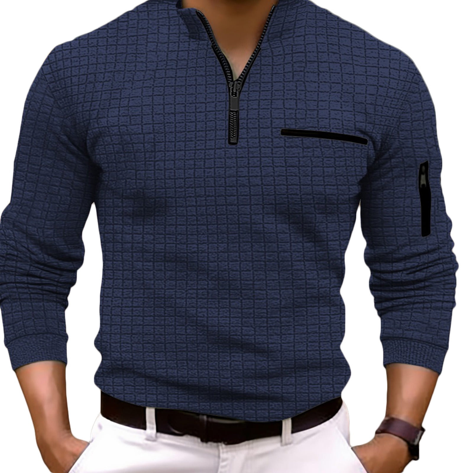 Mens Casual Waffle Polo Shirt Quarter Zipper Band Collar Long Sleeve