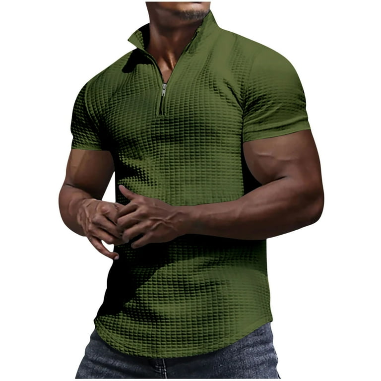 Mens Casual Waffle Polo Shirts Quarter Zipper Short Sleeve Solid Color Golf Shirts Lightweight Mock Neck Basic T shirt Walmart