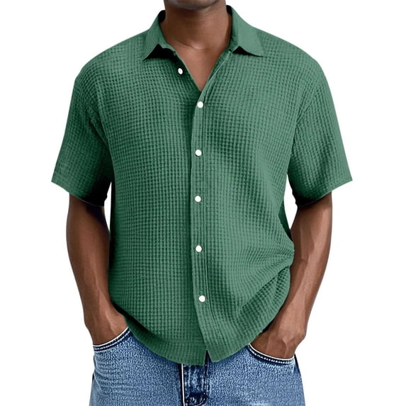 Mens Casual Waffle Shirt Short Sleeve Button Down Shirts Loose Fit Green XL