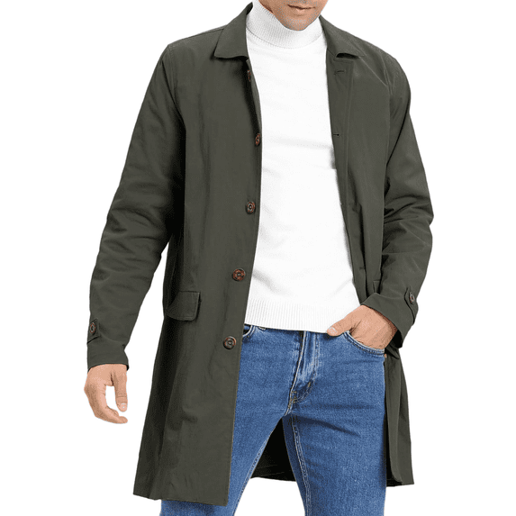 Mens Casual Windbreaker Single-Breasted Long Coat with Lapel Autumn Windproof Overcoat