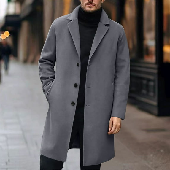 Mens Casual Winter Trench Coats Notched Lapel Collar Overcoat Classic Business Peacoat with Pockets Dark Gray S