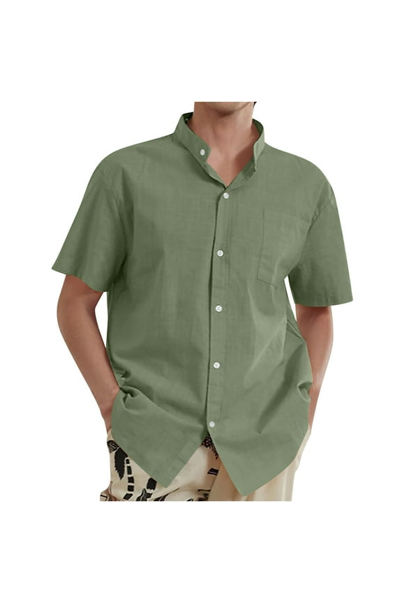 Mens Casual Wrinkle Free Shirts Short Sleeve Button Down Stand-up Collar Summer Stretch Dress Shirt