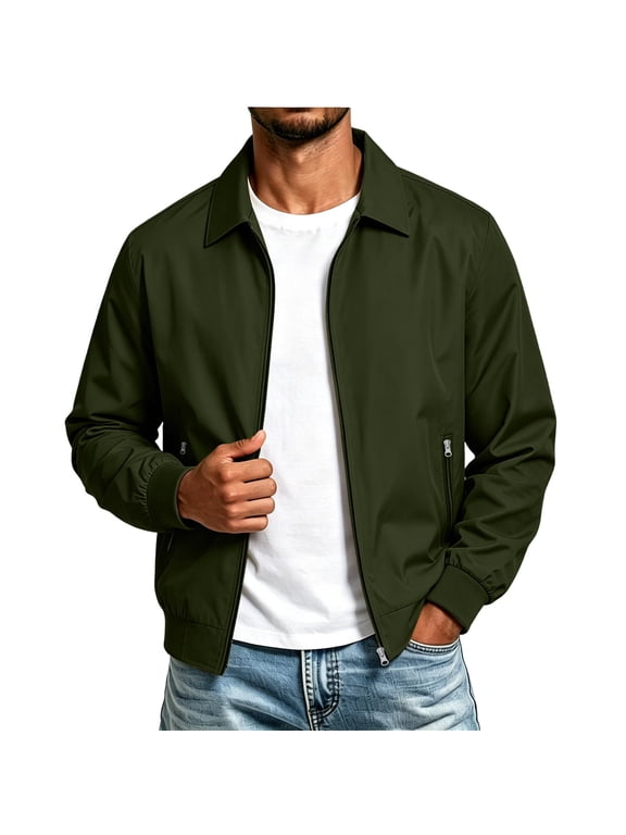 Mens Bomber Jacket Lightweight Windproof Flight Jacket Spring Autumn Casual Zip Up Solid Color Lapel Collar Vintage Pilot Outerwear Coat Army Green XL