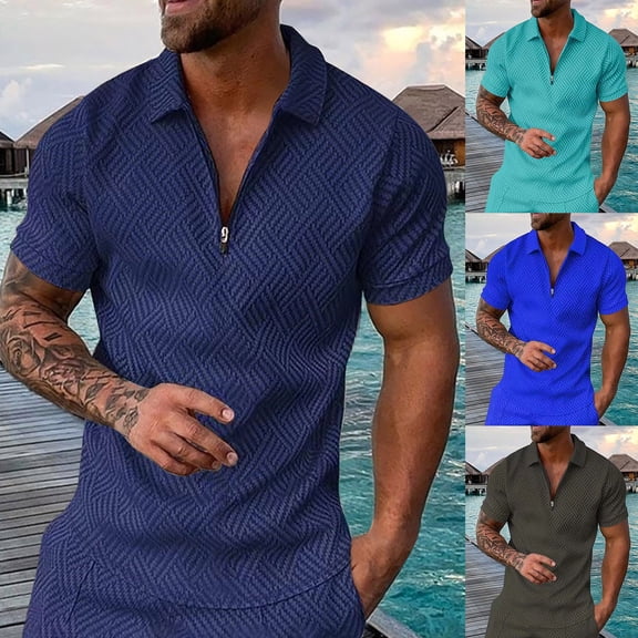 Mens Casual Zipper Polo Shirt Short Sleeve Collared Tee Shirt Solid Summer Knit Top Mint Green M