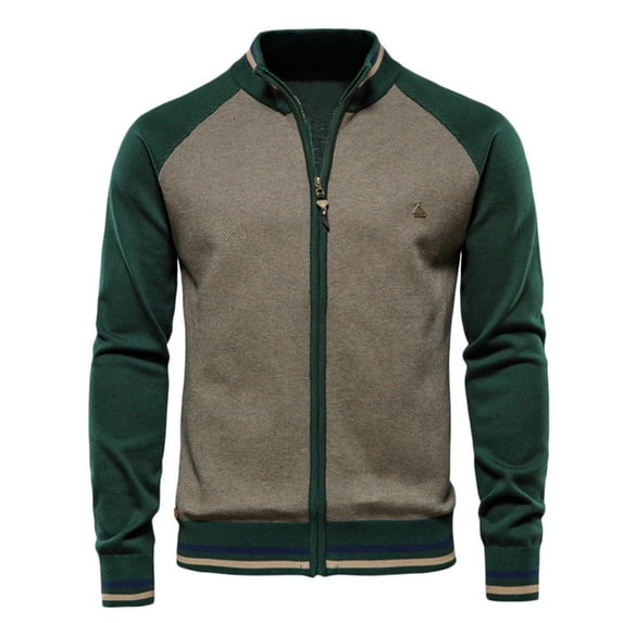 Mens Casual Zipper Stitched Stand Collar Jacquard Warm Knit Sweater Coat