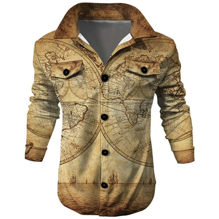 Mens Casual shacket Jacket Lightweight World Map Printed Fall Winter Coat Long Sleeve Button Down Jacket with Chest Pockets