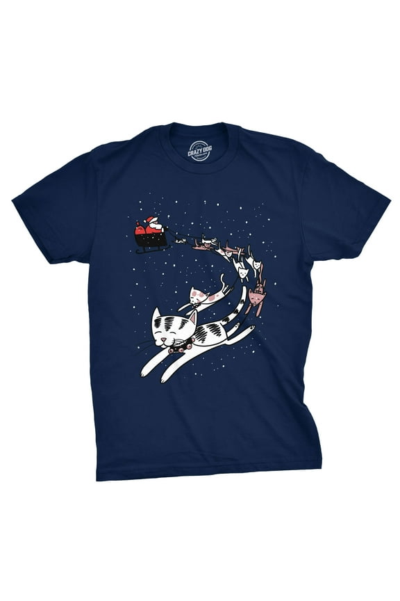 Mens Cat Sleigh T Shirt Funny Santa Christmas Holiday Tee for Animal Lover Graphic Tees