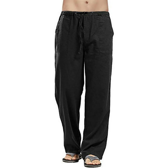 Mens Causal Linen Trousers Solid Color Drawstring Loose Fit Lightweight Pants Beach Trousers with Pockets