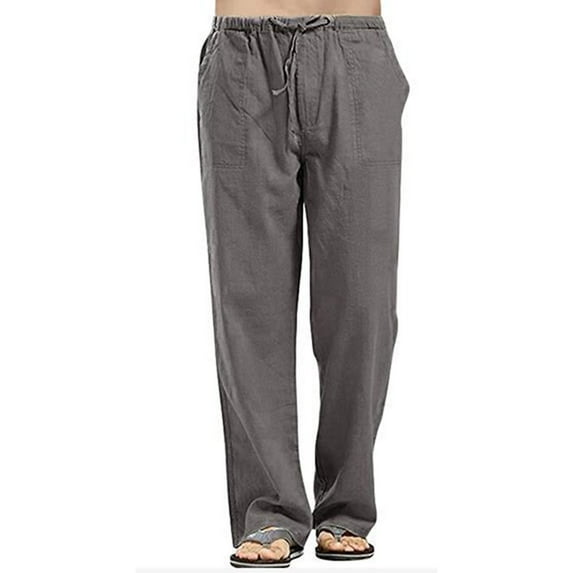 Mens Causal Linen Trousers Solid Color Drawstring Loose Fit Lightweight Pants Beach Trousers with Pockets