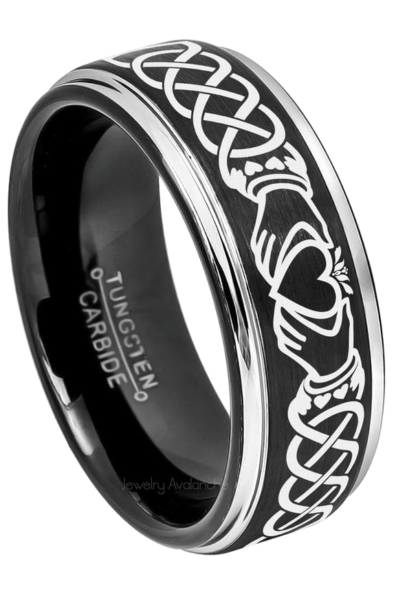 Mens Celtic Claddagh Tungsten Ring -8mm Brushed Finish Black IP & Gunmetal Stepped Edge Comfort Fit Tungsten Carbide Wedding Band - TN670CLDs10