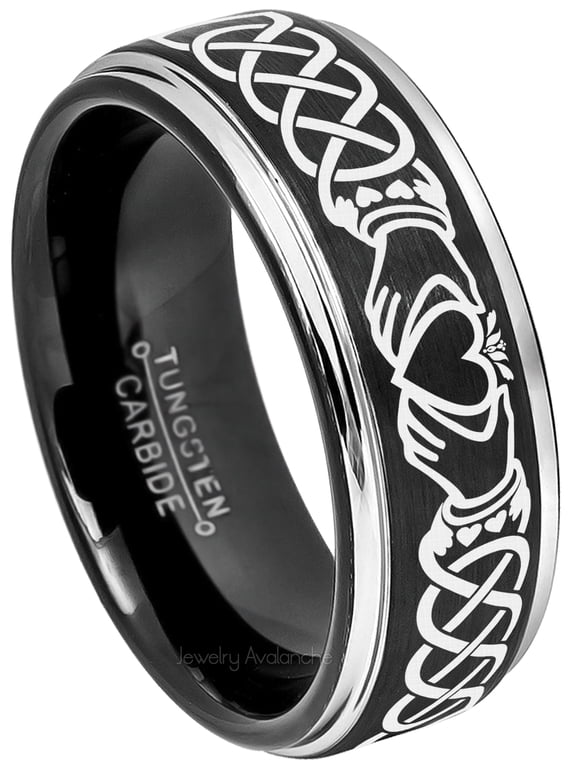 Mens Celtic Claddagh Tungsten Ring -8mm Brushed Finish Black IP & Gunmetal Stepped Edge Comfort Fit Tungsten Carbide Wedding Band - TN670CLDs7.5