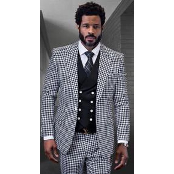 Statement Men's 100% Wool 3 Piece Suit Black Houndstooth Tailored Fit Masimo