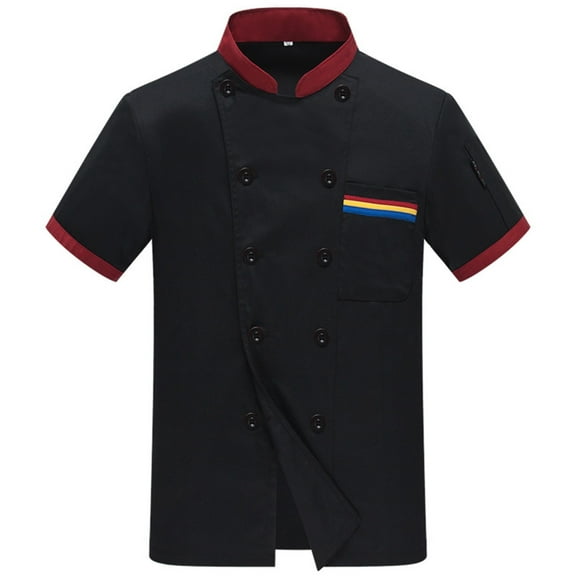 Mens Chef Coat Uniform Short Sleeve Cook Jacket Restaurant Kitchen Work Breathable Button Turndown Collar Shirt Classic Fit Mens Jackets Black XXL