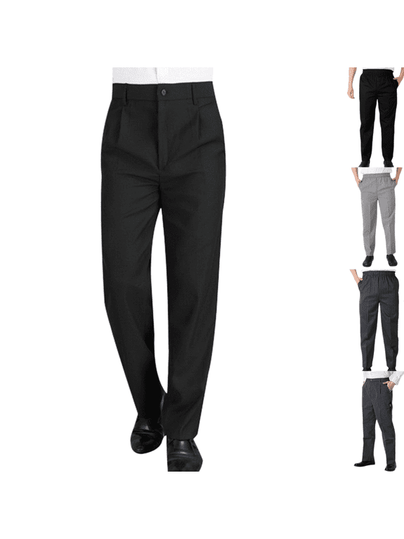 Mens Chef Pants Stylish Casual Elastic Waist Striped Work Pants Lightweight Comfy Classic Fit Working Uniform with Pockets Black L