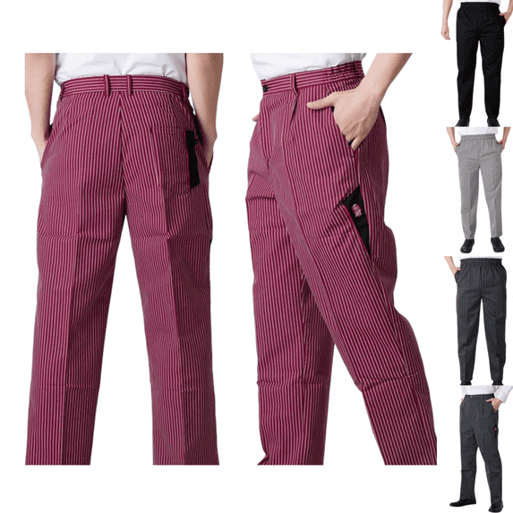 Mens Chef Pants Trendy Casual Striped Elastic Waist Work Pant Lightweight Comfy Classic Fit Work Uniform with Pockets Red 2XL