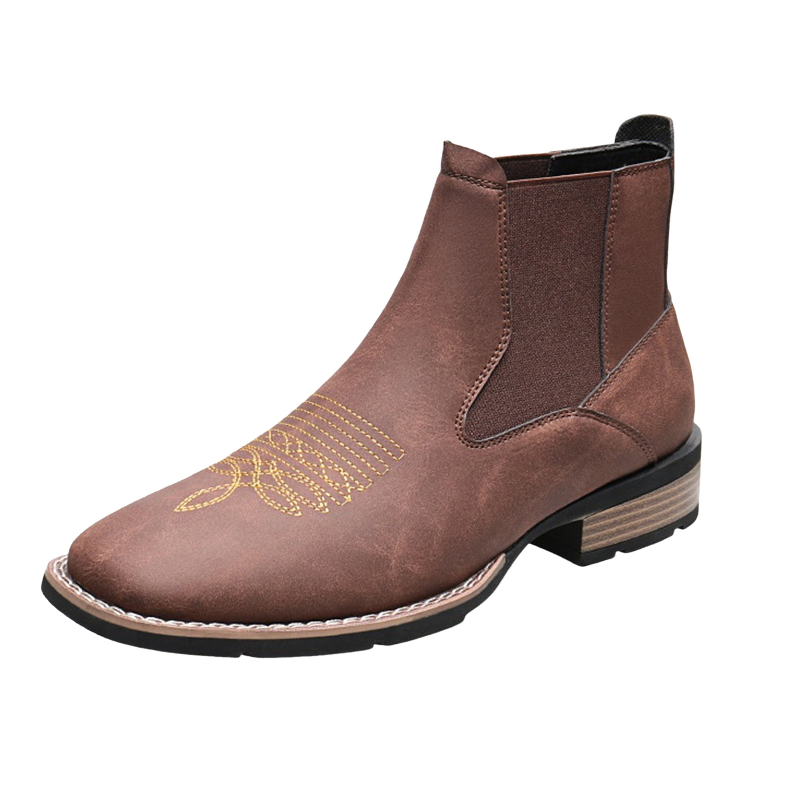 Mens Chelsea Cowboy Boots Fashion Leather Square Toe Slip on