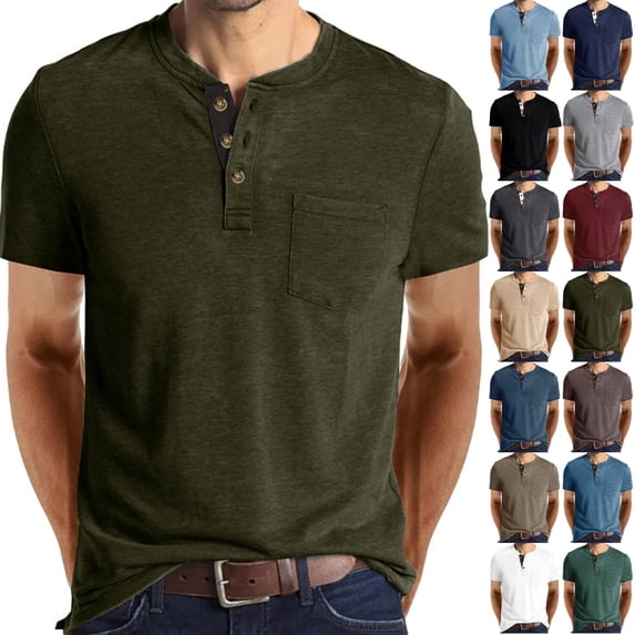 Mens Chest Pocket Shirt Short Sleeve Henley Collar Shirt Solid Color Cotton Button Front Classic Fit Regular Casual Tee, #02 Army Green, XXL