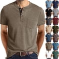 thumbnail image 1 of Mens Chest Pocket Shirt Short Sleeve Henley Collar Shirt Solid Color Cotton Button Front Classic Fit Regular Casual Tee, #02 Khaki, 3XL, 1 of 5
