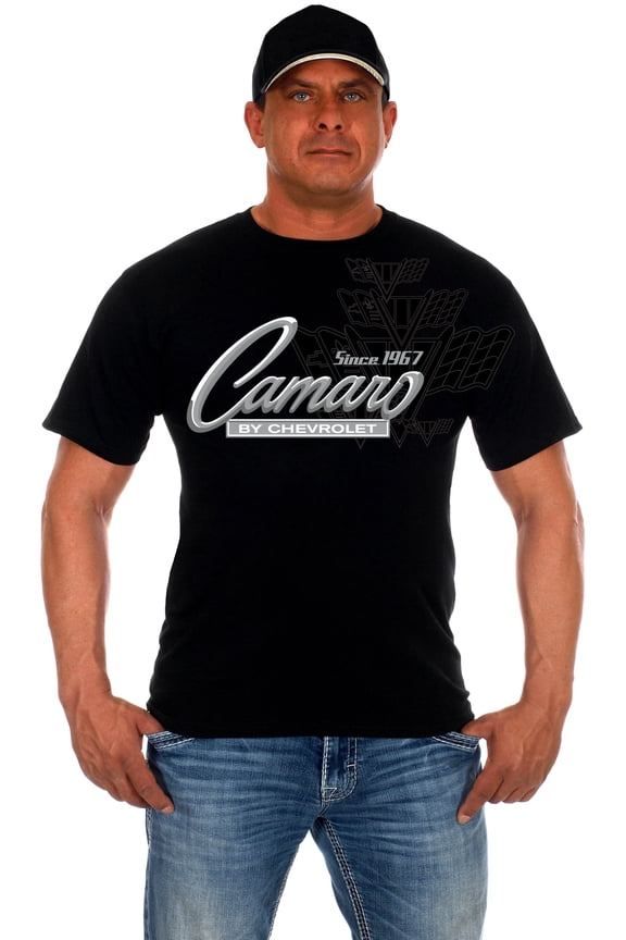 JH Design Men's Chevy Camaro Collage T-Shirt Short Sleeve Black Crew Neck Shirt