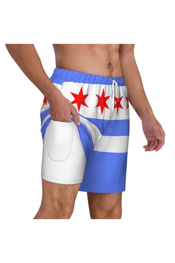 Mens Chicago Flag Style Swimming Trunks with Compression Liner Beach Quick Dry Swim Shorts