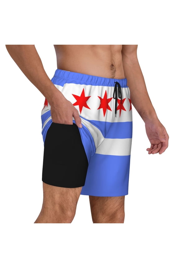 Mens Chicago Flag Style Swimming Trunks with Compression Liner Beach Quick Dry Swim Shorts