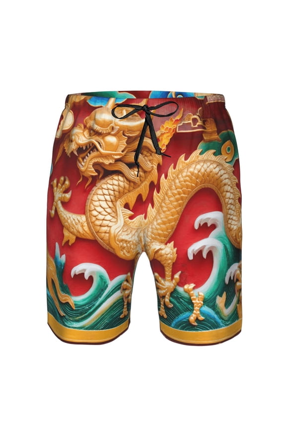 Mens Chinese Dragon Boardshort Casual Drawstring Stretch Summer Beach Shorts Medium