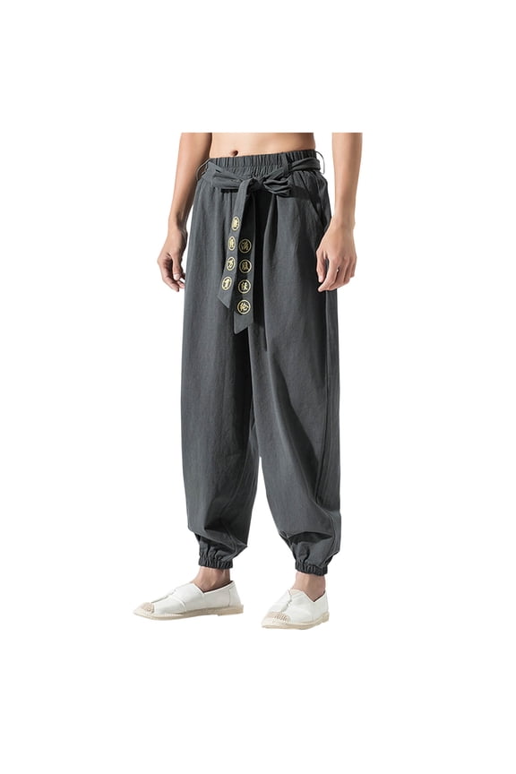 Mens Chinese Style Kung Fu Pants Tai Chi Loose Solid Color Pant Linen Casual Retro Wide Leg Trousers with Pockets