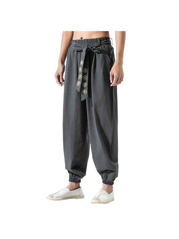 Mens Chinese Style Kung Fu Pants Tai Chi Loose Solid Color Pant Linen Casual Retro Wide Leg Trousers with Pockets