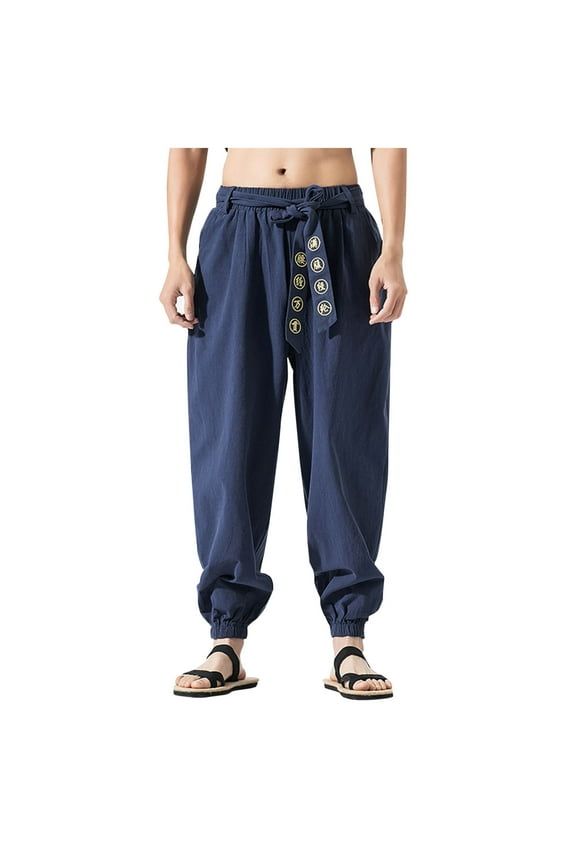 Mens Chinese Style Kung Fu Pants Tai Chi Loose Solid Color Pant Linen Casual Retro Wide Leg Trousers with Pockets