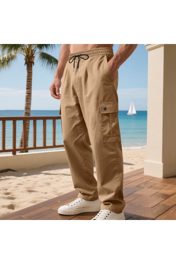 Mens Chino Khaki Pants Solid Color Solid Casual Pocket Workwear Pants Tether Waist Straight Type Pants