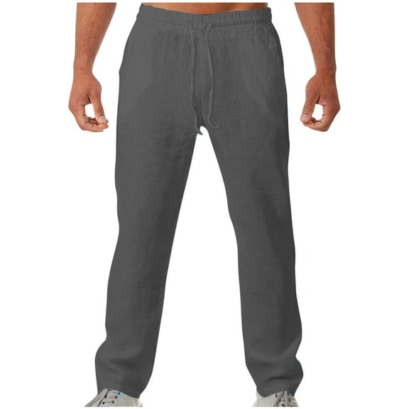Mens Chino Pants, Mens Linen Casual Pants Elastic Waist Drawstring Trousers Yoga Beach Summer Pants with Pockets S-2XL