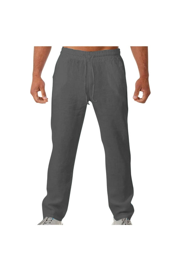 Mens Chino Pants, Mens Linen Casual Pants Elastic Waist Drawstring Trousers Yoga Beach Summer Pants with Pockets S-2XL