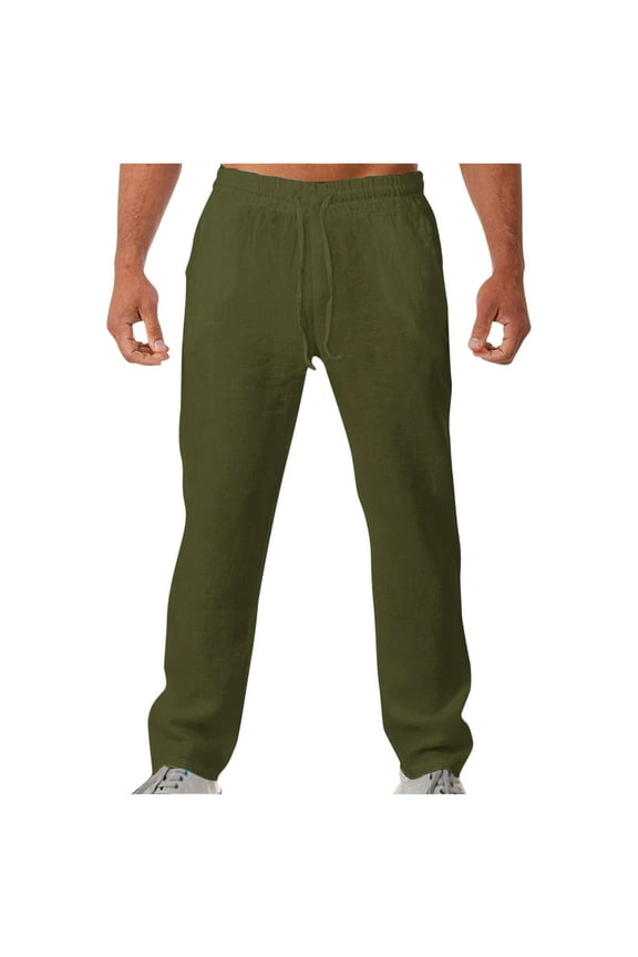 Mens Chino Pants, Mens Linen Casual Pants Elastic Waist Drawstring Trousers Yoga Beach Summer Pants with Pockets S-2XL