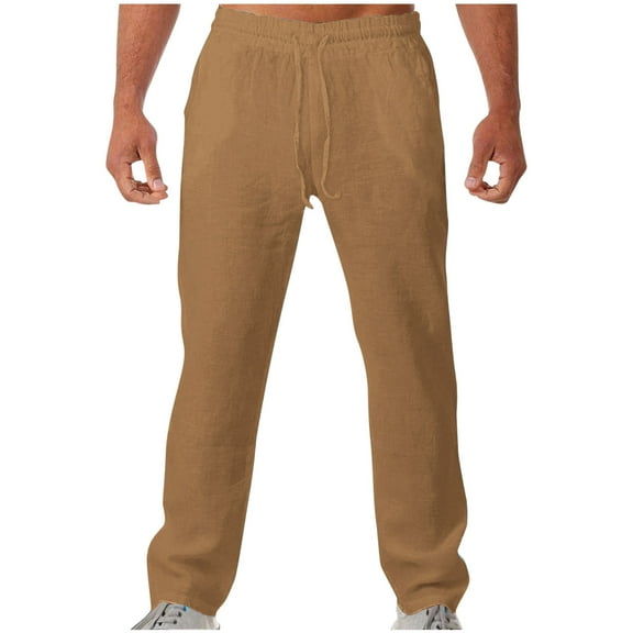 Mens Chino Pants, Mens Linen Casual Pants Elastic Waist Drawstring Trousers Yoga Beach Summer Pants with Pockets S-2XL