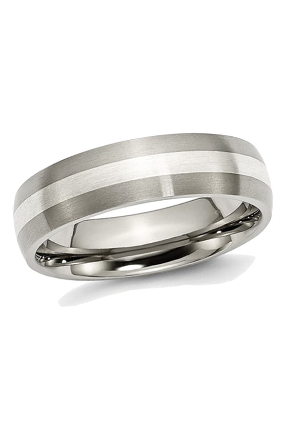 Mens Chisel 6mm Comfort Fit Satin Titanium Wedding Band Ring with Sterling Silver Inlay for Men