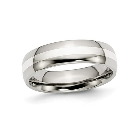 Mens Chisel 6mm Stainless Steel Comfort Fit Wedding Band Ring with Silver Inlay