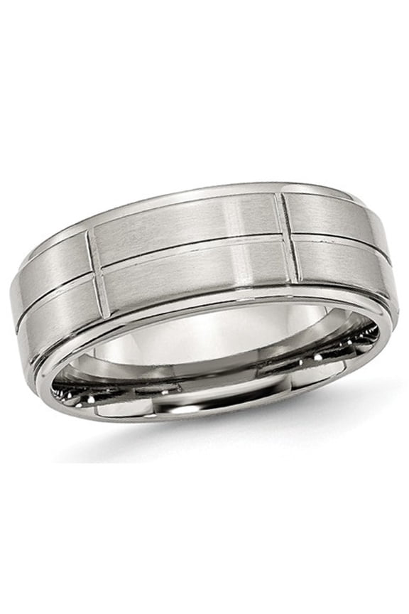 Mens Chisel 8mm Satin Stainless Steel Comfort Fit Grooved Brushed Wedding Band Ring for Men