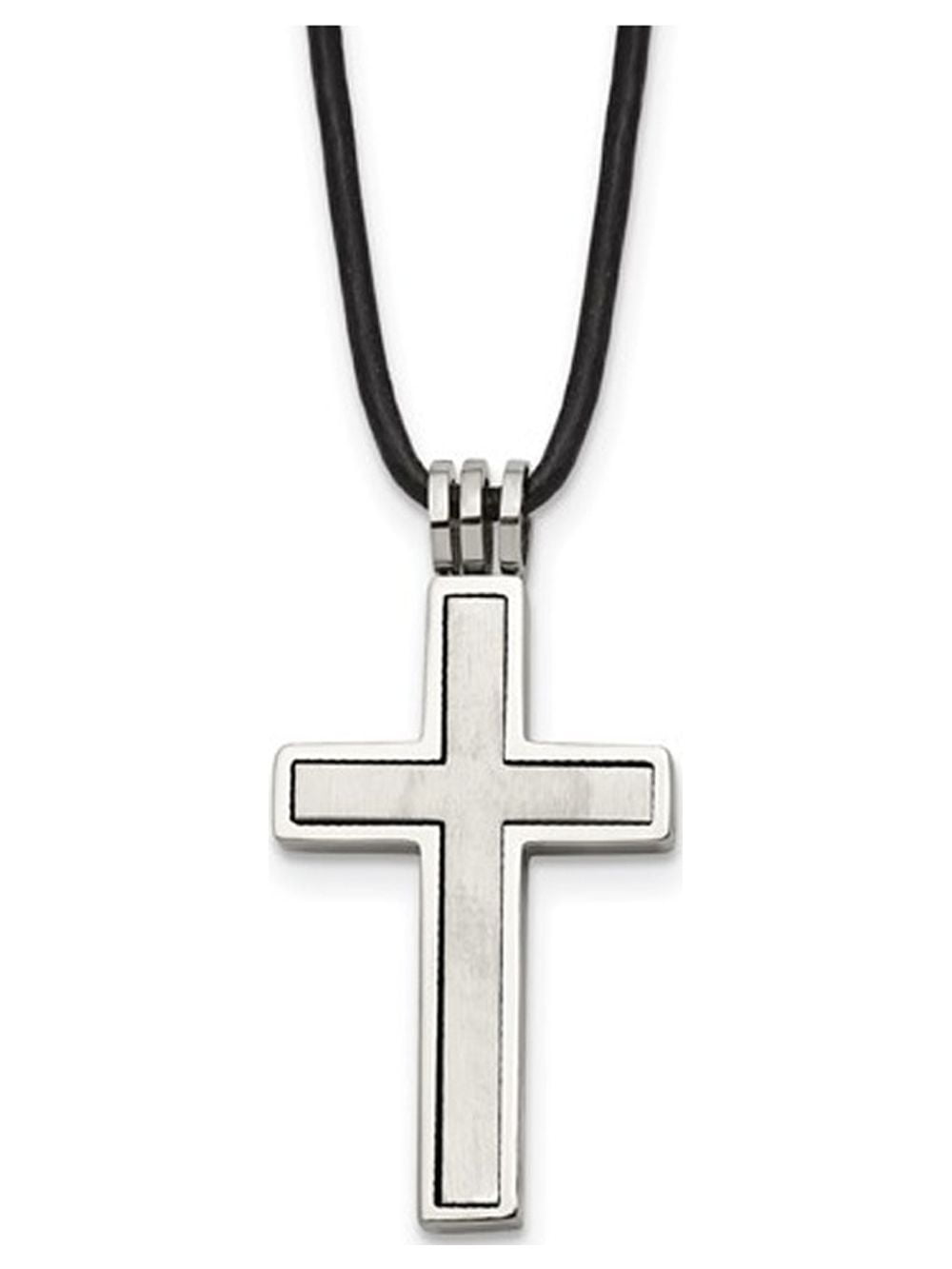 GEM AND HARMONY Mens Chisel Cross Pendant Necklace in Stainless Steel with Leather Cord & Synthetic Cubic Zirconia (CZ)