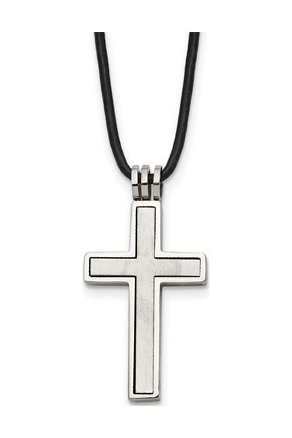 Mens Chisel Cross Pendant Necklace in Stainless Steel with Leather Cord & Synthetic Cubic Zirconia (CZ) for Men