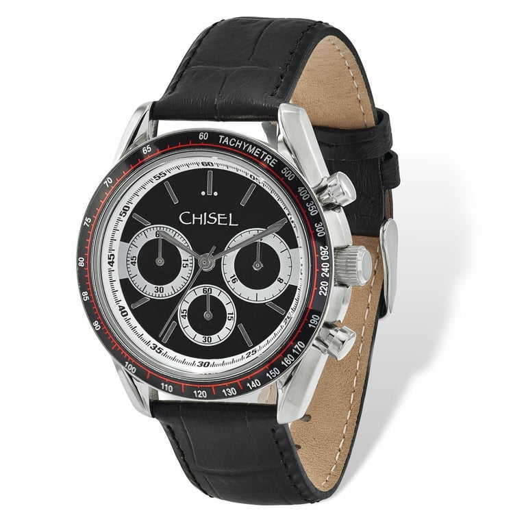 Mens Chisel Stainless Steel Black Leather Chronograph Watch 