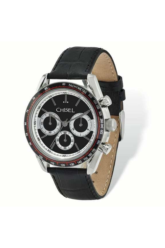 Mens Chisel Stainless Steel Black Leather Chronograph Watch